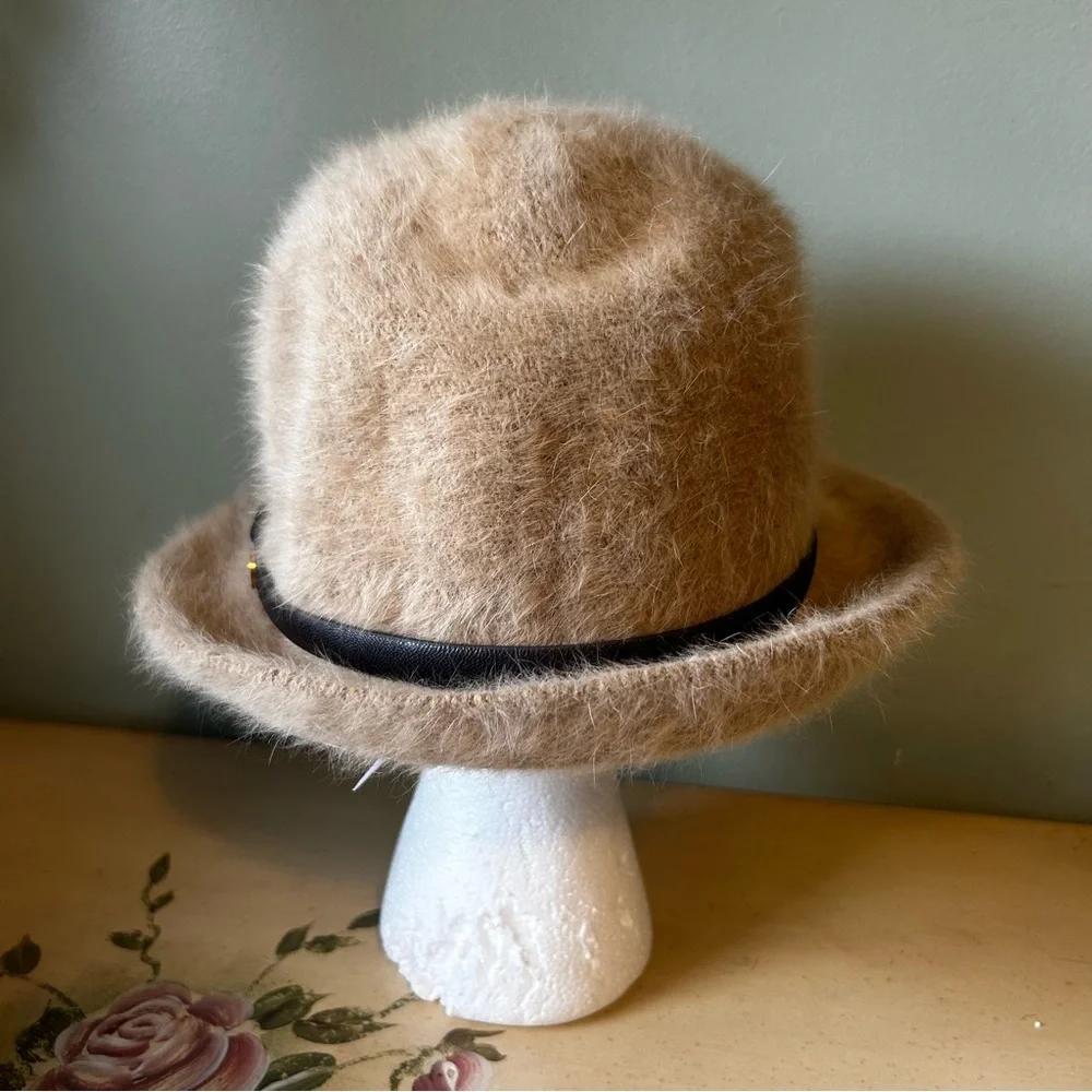 Vintage Juicy Couture Tan Rabbit Fur Mix Brown Leather Strap Fedora Hat